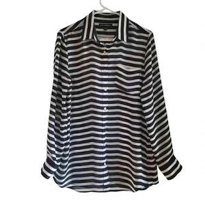 Banana Republic Women’s Navy/Cream Striped Poly Button Down Long Sleeve Shirt
